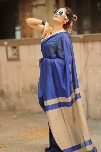 Blue yellow linen jacuard work festival saree with unstitched blouse piece