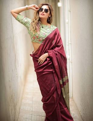 Maroon pista linen jacuard work festival saree with unstitched blouse piece 1