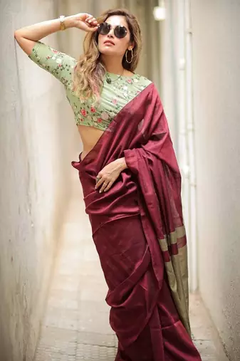 Maroon pista linen jacuard work festival saree with unstitched blouse piece