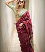 Maroon pista linen jacuard work festival saree with unstitched blouse piece