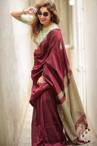 Maroon pista linen jacuard work festival saree with unstitched blouse piece
