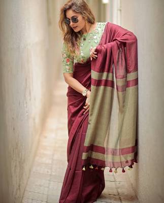 Maroon pista linen jacuard work festival saree with unstitched blouse piece 4