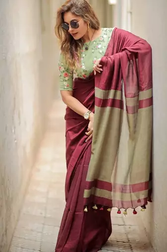 Maroon pista linen jacuard work festival saree with unstitched blouse piece