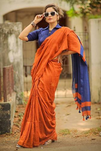 Orange blue linen jacuard work festival saree with unstitched blouse piece