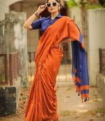 Orange blue linen jacuard work festival saree with unstitched blouse piece