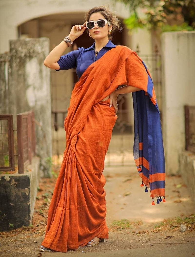 Orange blue linen jacuard work festival saree with unstitched blouse piece