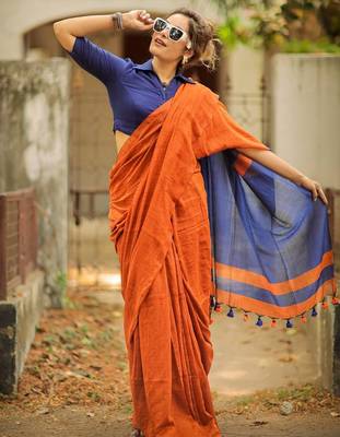 Orange blue linen jacuard work festival saree with unstitched blouse piece 2