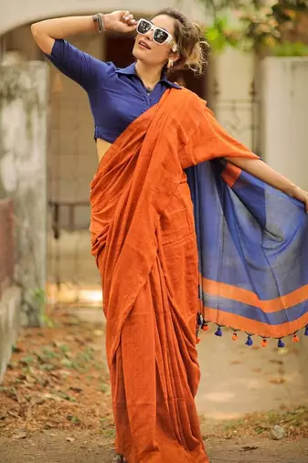 Orange blue linen jacuard work festival saree with unstitched blouse piece