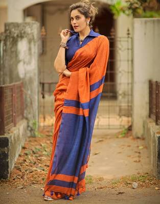 Orange blue linen jacuard work festival saree with unstitched blouse piece 3