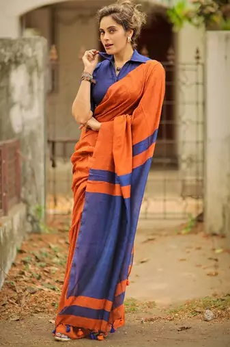 Orange blue linen jacuard work festival saree with unstitched blouse piece
