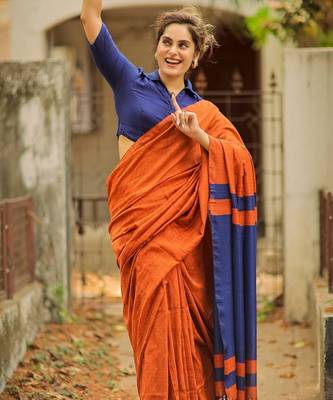Orange blue linen jacuard work festival saree with unstitched blouse piece 4