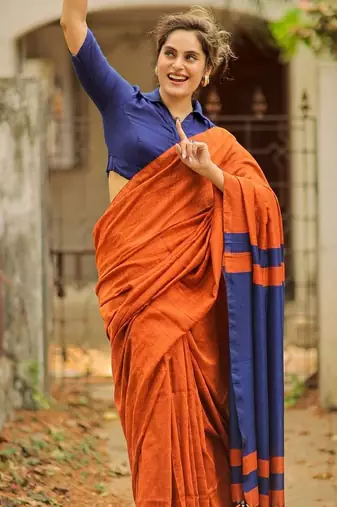 Orange blue linen jacuard work festival saree with unstitched blouse piece
