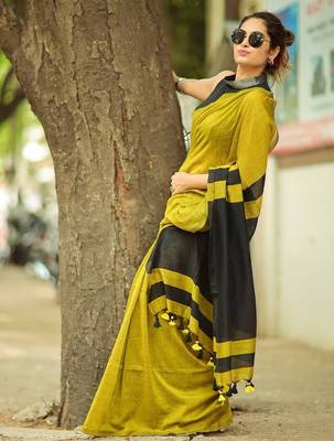 Parrot black linen jacuard work festival saree with unstitched blouse piece 2
