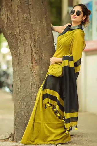Parrot black linen jacuard work festival saree with unstitched blouse piece