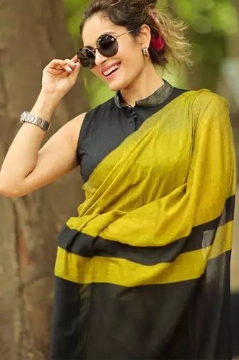 Parrot black linen jacuard work festival saree with unstitched blouse piece