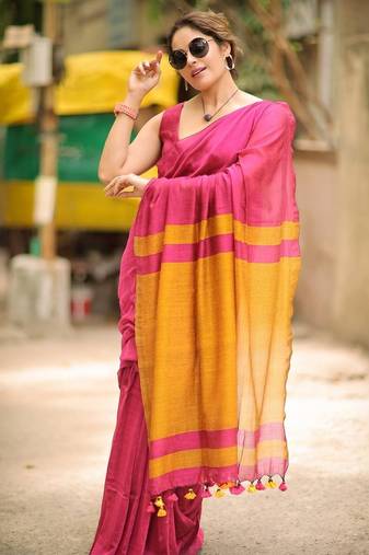 Pink yellow linen jacuard work festival saree with unstitched blouse piece
