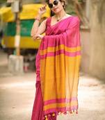 Pink yellow linen jacuard work festival saree with unstitched blouse piece