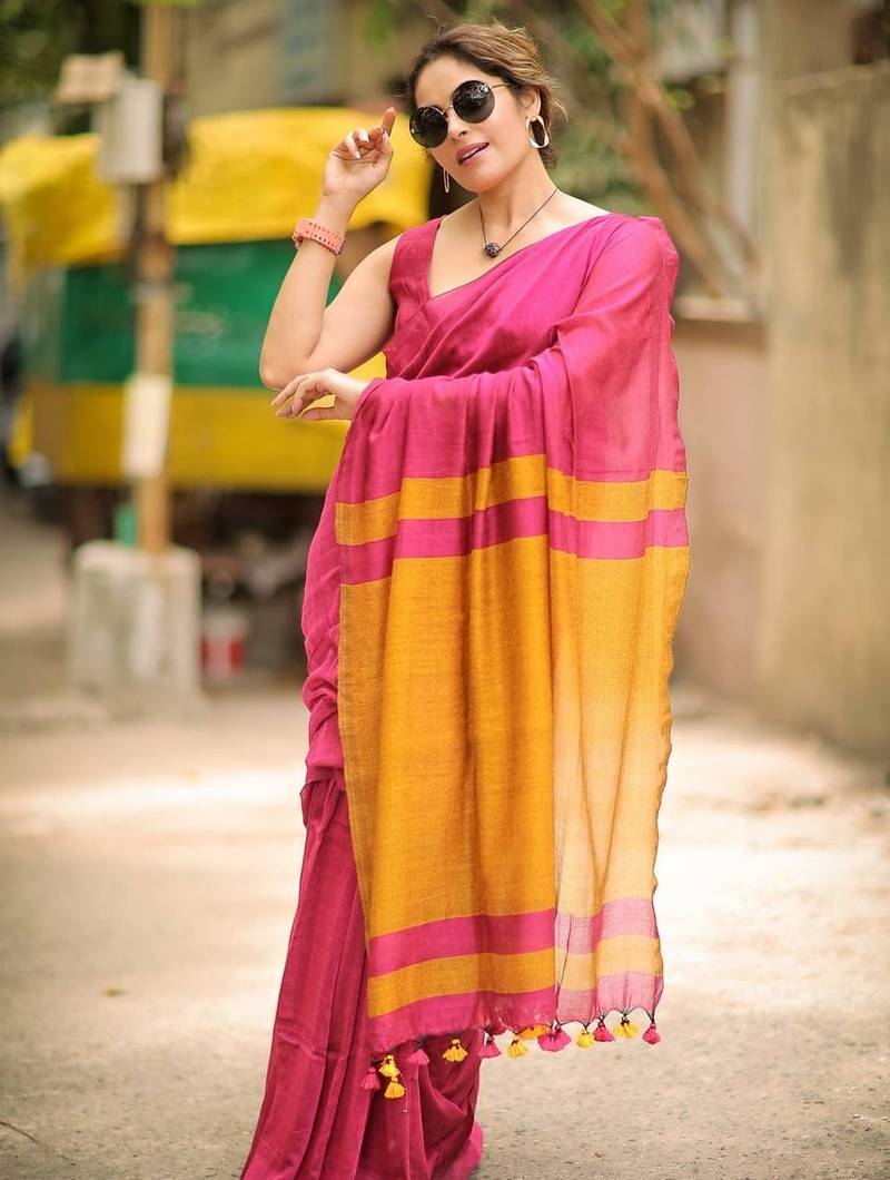 Pink yellow linen jacuard work festival saree with unstitched blouse piece