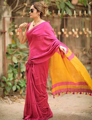 Pink yellow linen jacuard work festival saree with unstitched blouse piece 2