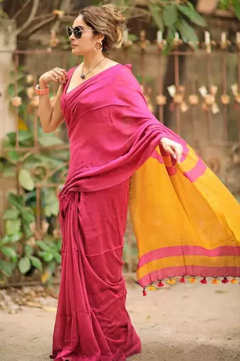 Pink yellow linen jacuard work festival saree with unstitched blouse piece