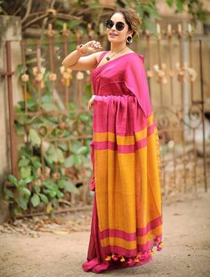 Pink yellow linen jacuard work festival saree with unstitched blouse piece 3