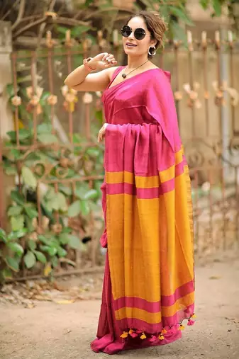 Pink yellow linen jacuard work festival saree with unstitched blouse piece