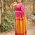 Pink yellow linen jacuard work festival saree with unstitched blouse piece
