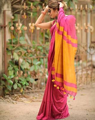 Pink yellow linen jacuard work festival saree with unstitched blouse piece 4