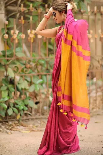 Pink yellow linen jacuard work festival saree with unstitched blouse piece