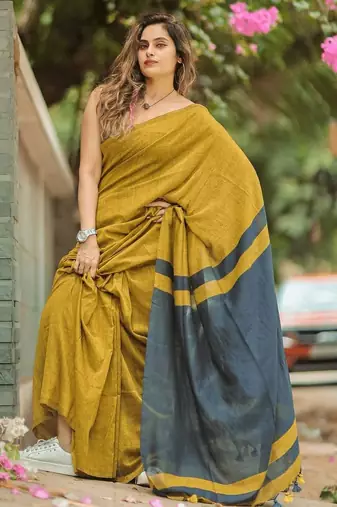 Yellow black linen jacuard work festival saree with unstitched blouse piece