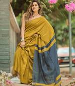 Yellow black linen jacuard work festival saree with unstitched blouse piece