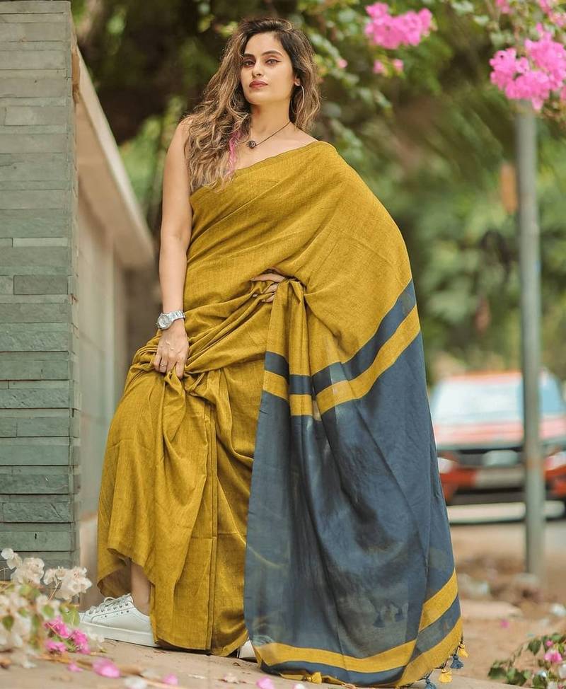 Yellow black linen jacuard work festival saree with unstitched blouse piece