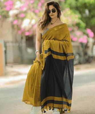 Yellow black linen jacuard work festival saree with unstitched blouse piece 2