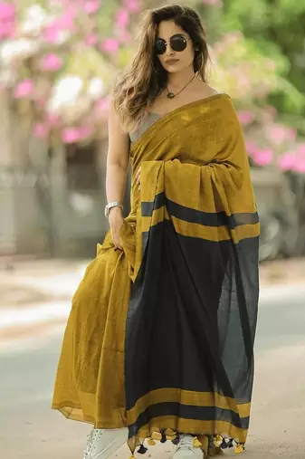Yellow black linen jacuard work festival saree with unstitched blouse piece
