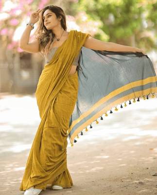 Yellow black linen jacuard work festival saree with unstitched blouse piece 3