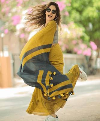 Yellow black linen jacuard work festival saree with unstitched blouse piece 4