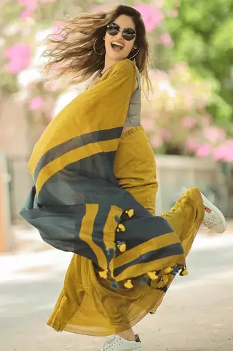 Yellow black linen jacuard work festival saree with unstitched blouse piece