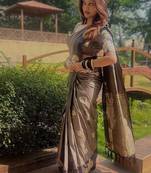 Grey silk blend jacuard work festival saree with unstitched blouse piece
