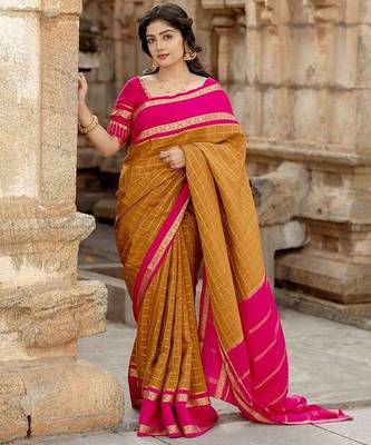 Mustard pink linen jacuard work festival saree with unstitched blouse piece 1