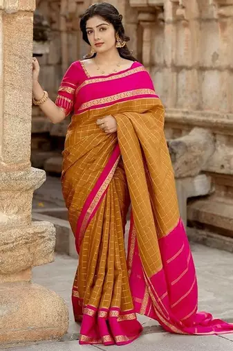 Mustard pink linen jacuard work festival saree with unstitched blouse piece