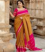 Mustard pink linen jacuard work festival saree with unstitched blouse piece