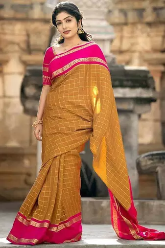 Mustard pink linen jacuard work festival saree with unstitched blouse piece