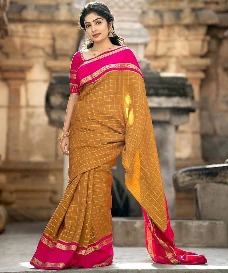 Mustard pink linen jacuard work festival saree with unstitched blouse piece