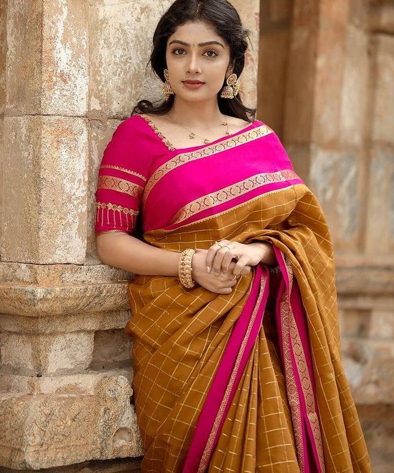 Mustard pink linen jacuard work festival saree with unstitched blouse piece