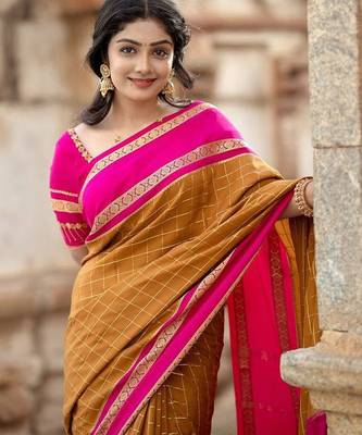 Mustard pink linen jacuard work festival saree with unstitched blouse piece 5