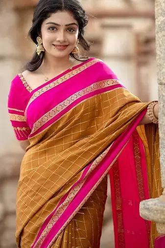 Mustard pink linen jacuard work festival saree with unstitched blouse piece