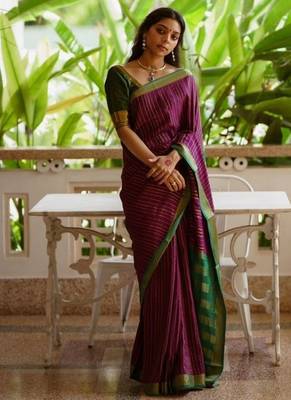 Wine green silk blend jacuard work festival saree with unstitched blouse piece 1