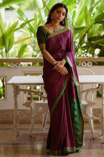 Wine green silk blend jacuard work festival saree with unstitched blouse piece