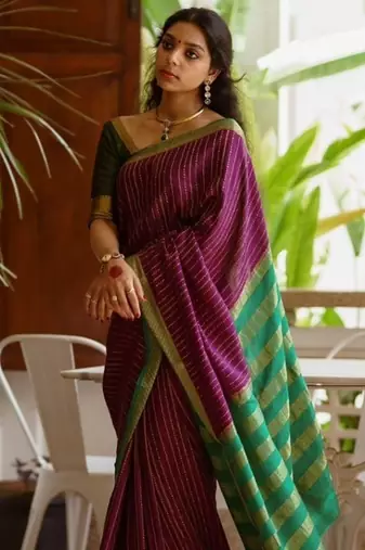 Wine green silk blend jacuard work festival saree with unstitched blouse piece