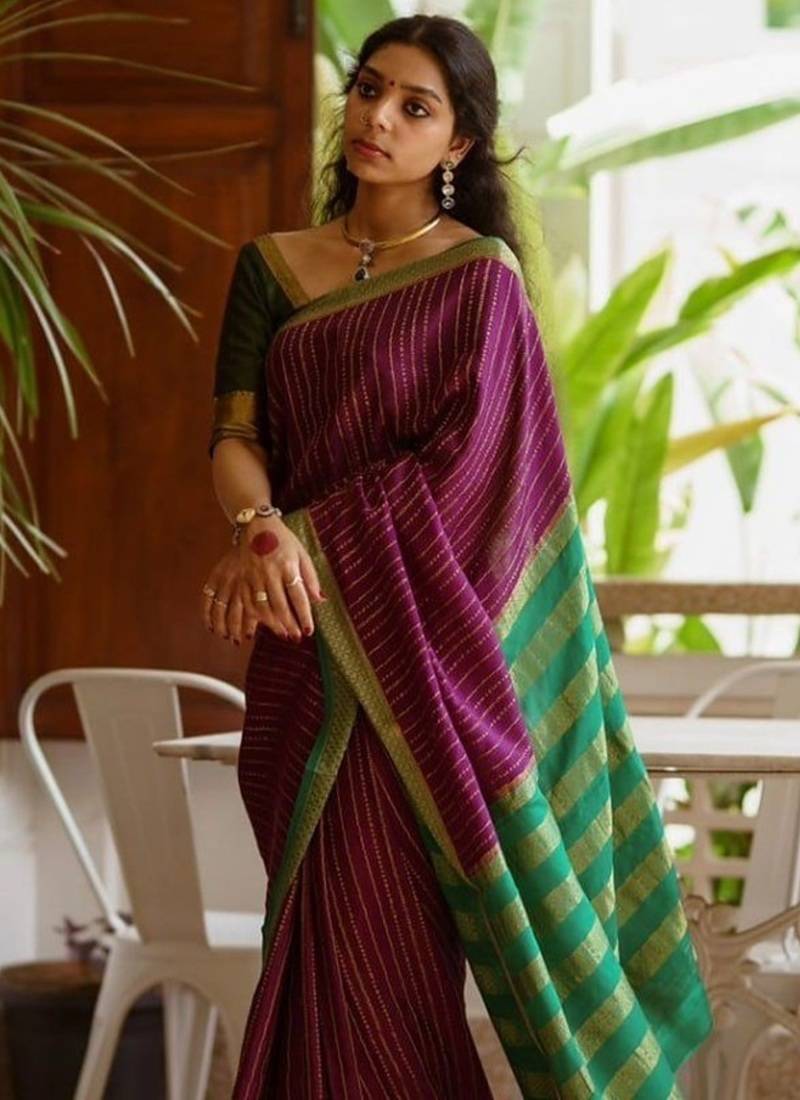 Wine green silk blend jacuard work festival saree with unstitched blouse piece